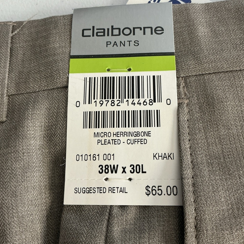 Claiborne‎ Pants Mens 38x30 Beige Khaki Polyester-Herringbone Pleated Cuffed NWT - Picture 3 of 9